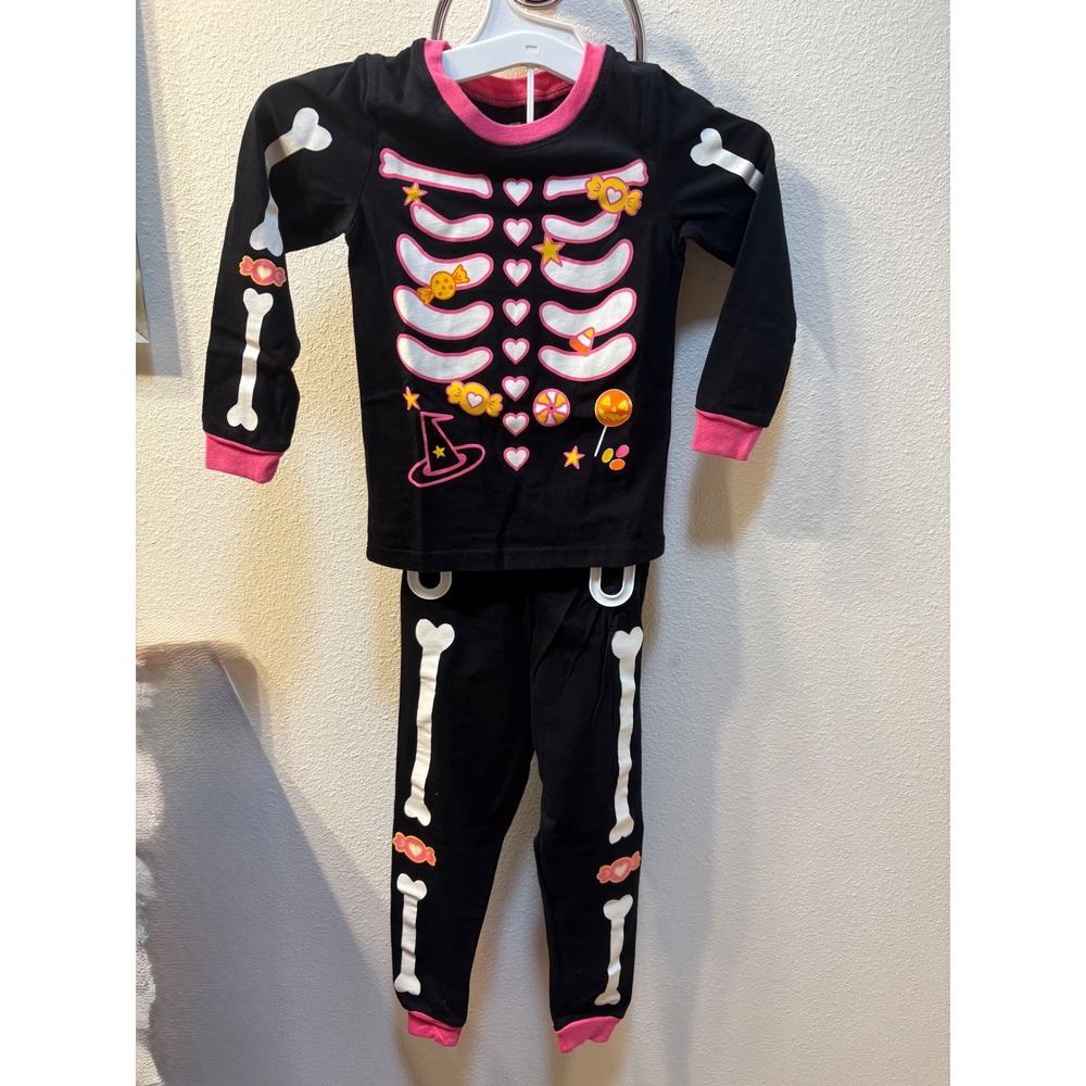 Skeleton Halloween Pajama Set Black Pink Candy Bones 3Y 2 Piece PJ Set
